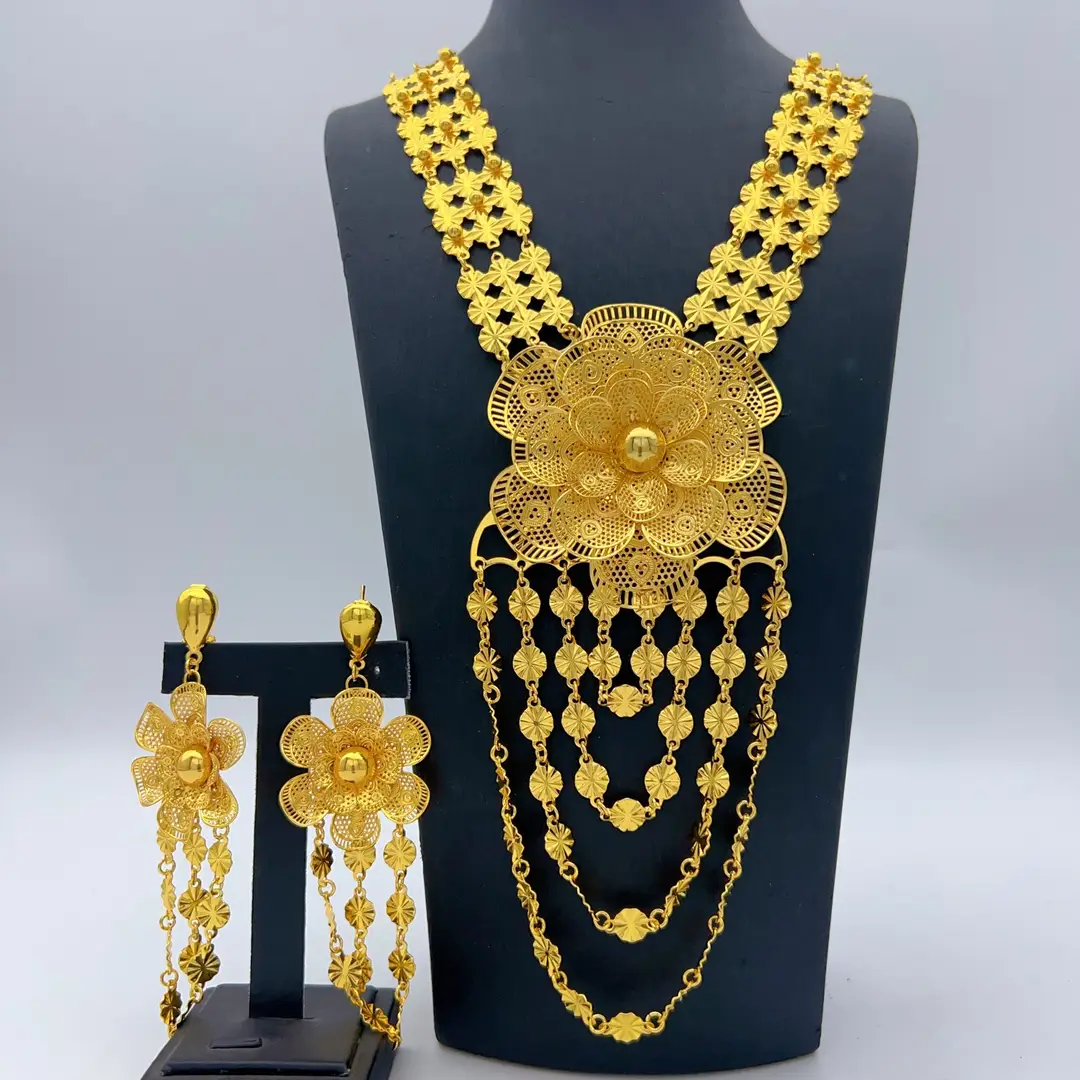 Middle Eastern Arabic Cross-Border 24K Gold-Plated Hollow Flower Earrings and Necklace Set Dubai Bride Wedding Jewelry