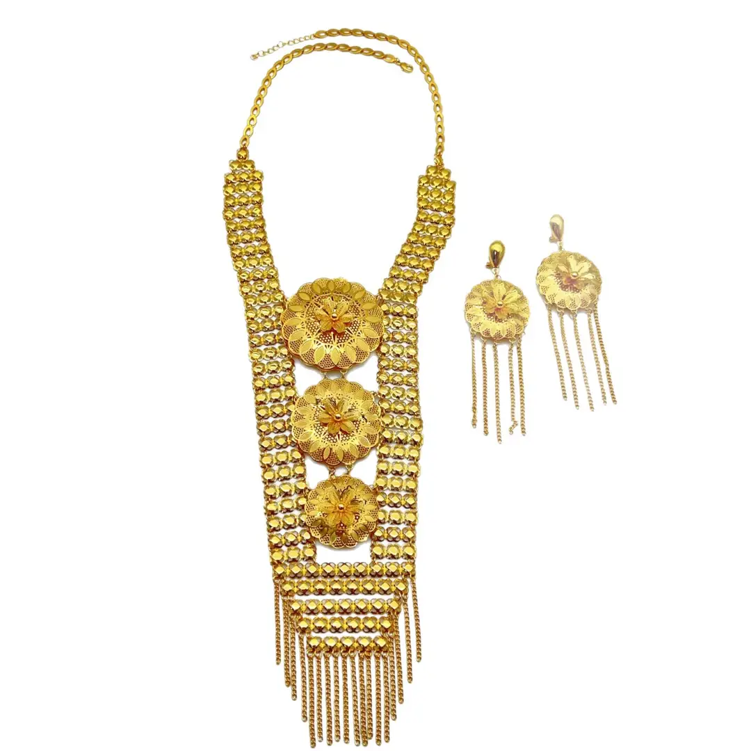 Middle Eastern Arabic Cross-Border 24K Gold-Plated Hollow Flower Earrings and Necklace Set Dubai Bride Wedding Jewelry