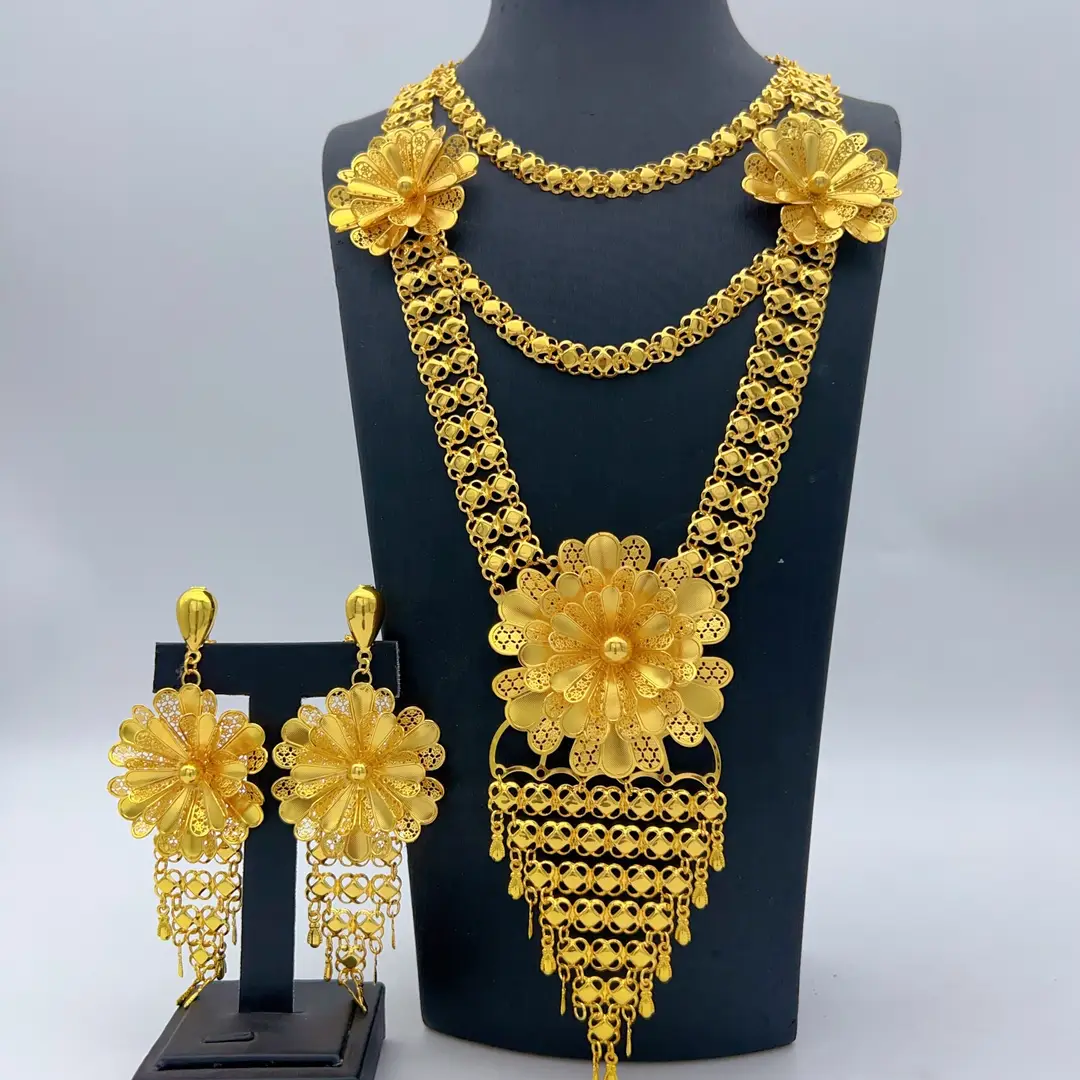 Middle Eastern Arabic Cross-Border 24K Gold-Plated Hollow Flower Earrings and Necklace Set Dubai Bride Wedding Jewelry — feature 11