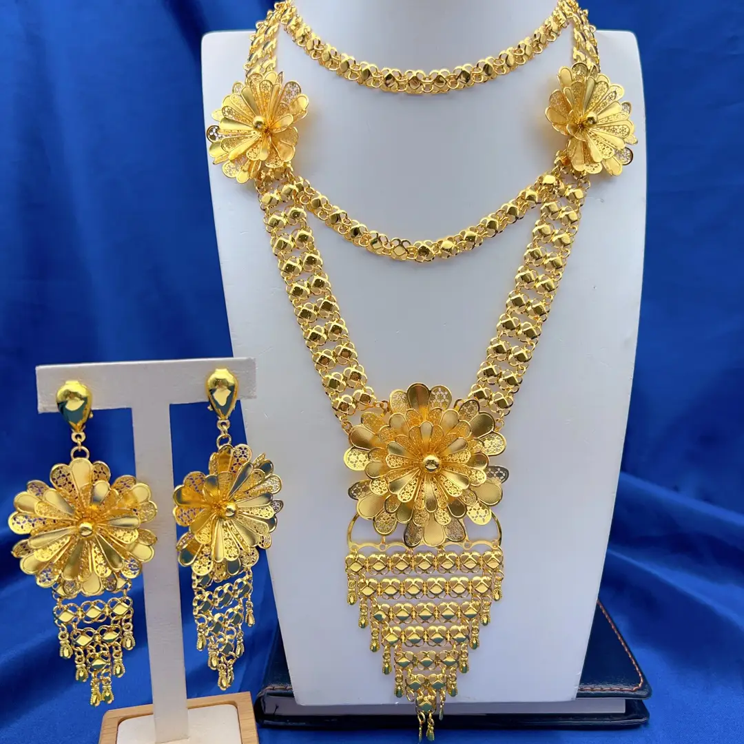 Middle Eastern Arabic Cross-Border 24K Gold-Plated Hollow Flower Earrings and Necklace Set Dubai Bride Wedding Jewelry — feature 12