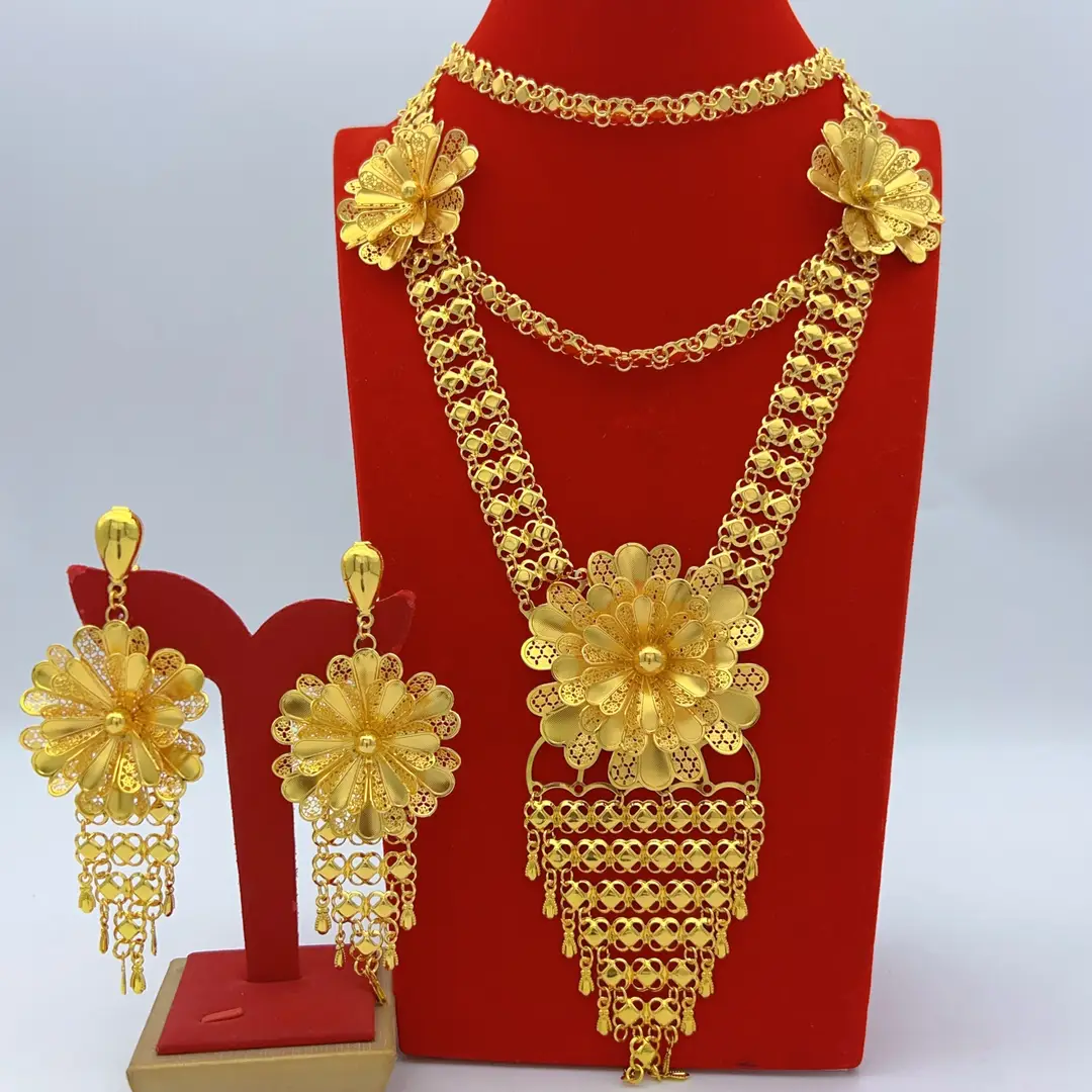 Middle Eastern Arabic Cross-Border 24K Gold-Plated Hollow Flower Earrings and Necklace Set Dubai Bride Wedding Jewelry — feature 13