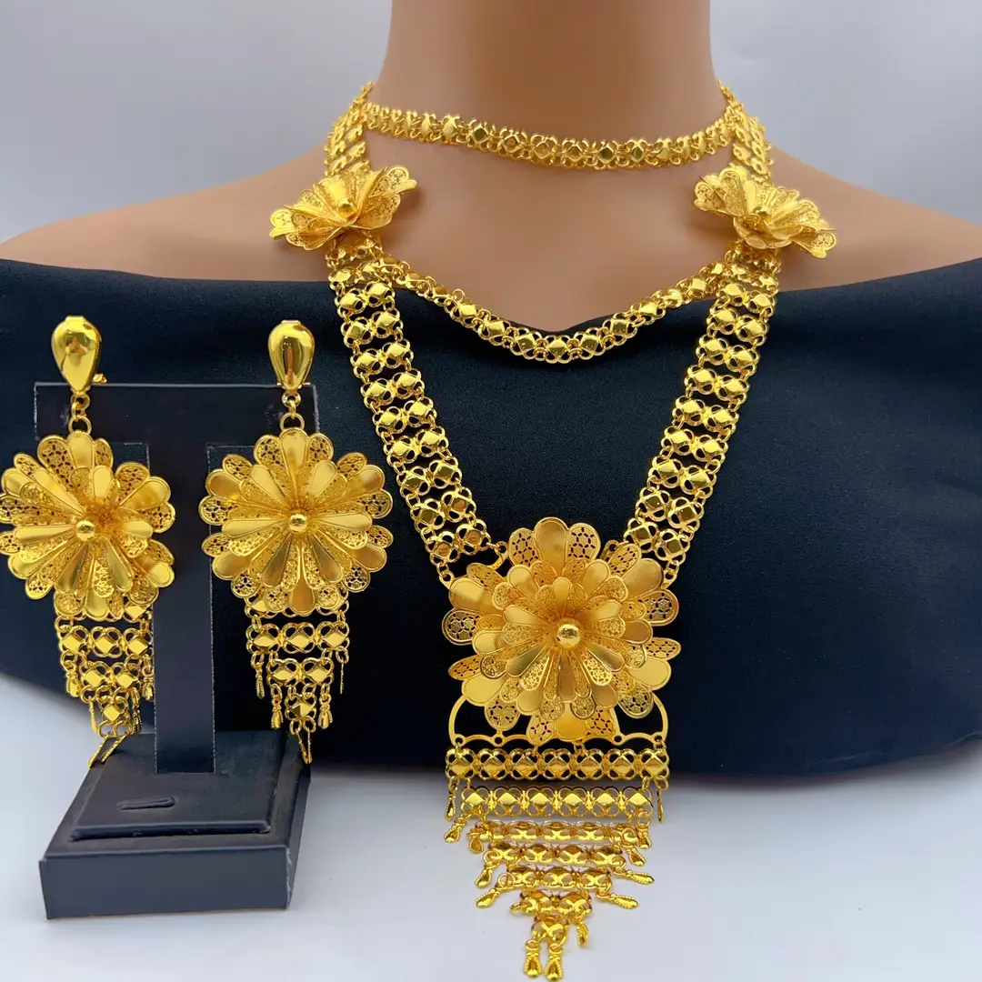 Middle Eastern Arabic Cross-Border 24K Gold-Plated Hollow Flower Earrings and Necklace Set Dubai Bride Wedding Jewelry — feature 14