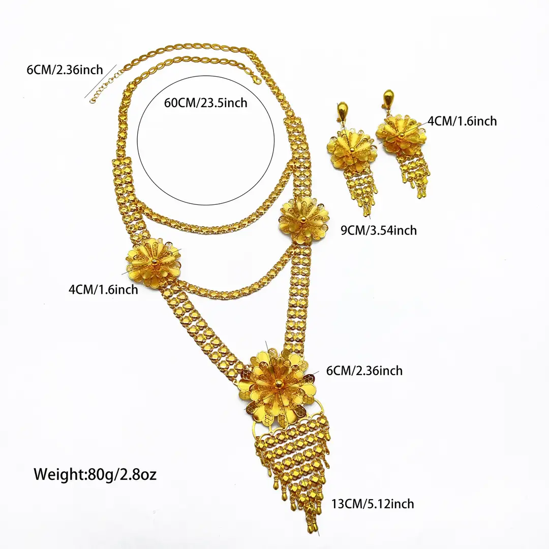 Middle Eastern Arabic Cross-Border 24K Gold-Plated Hollow Flower Earrings and Necklace Set Dubai Bride Wedding Jewelry — feature 15