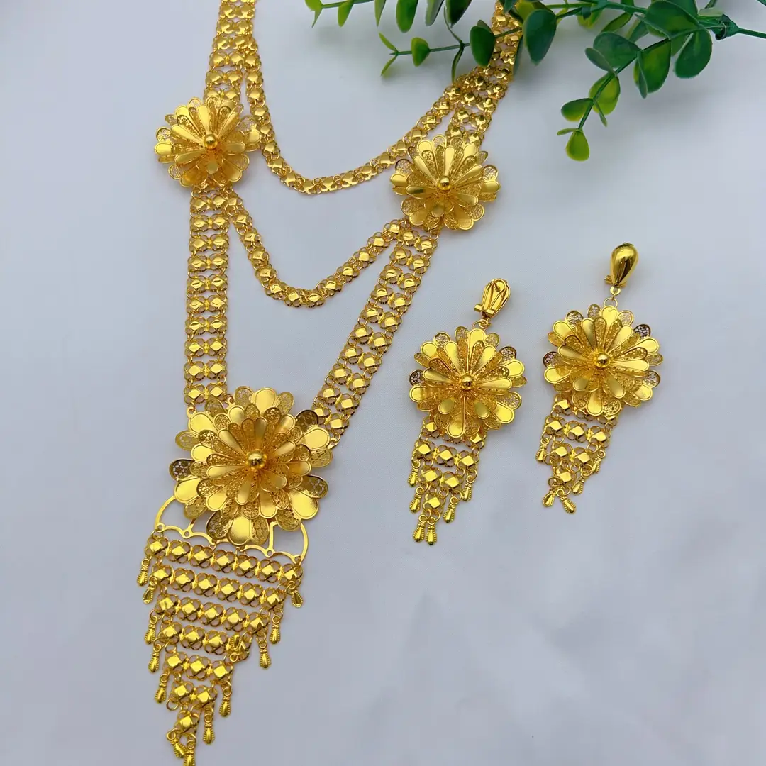 Middle Eastern Arabic Cross-Border 24K Gold-Plated Hollow Flower Earrings and Necklace Set Dubai Bride Wedding Jewelry — feature 16