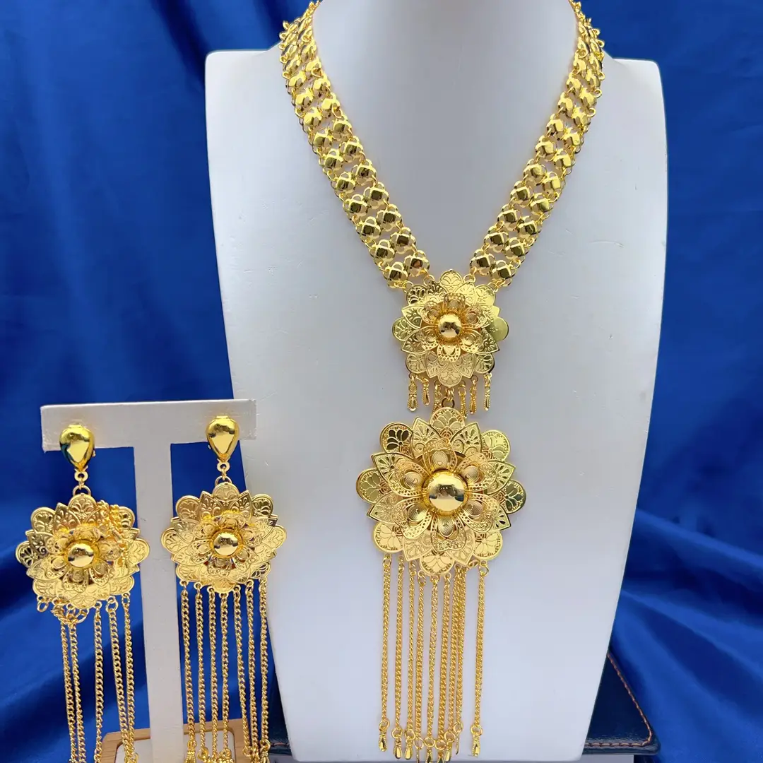 Middle Eastern Arabic Cross-Border 24K Gold-Plated Hollow Flower Earrings and Necklace Set Dubai Bride Wedding Jewelry — feature 20