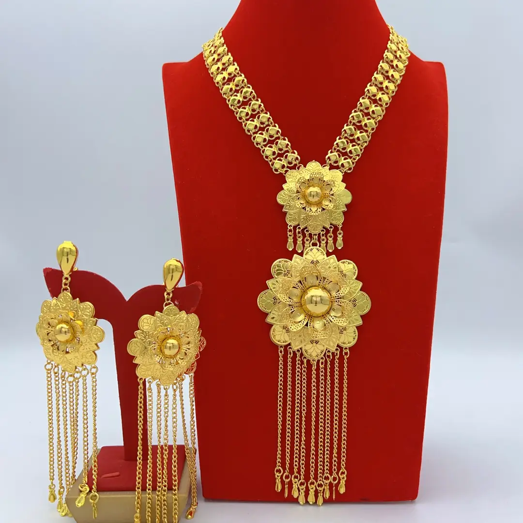 Middle Eastern Arabic Cross-Border 24K Gold-Plated Hollow Flower Earrings and Necklace Set Dubai Bride Wedding Jewelry — feature 21