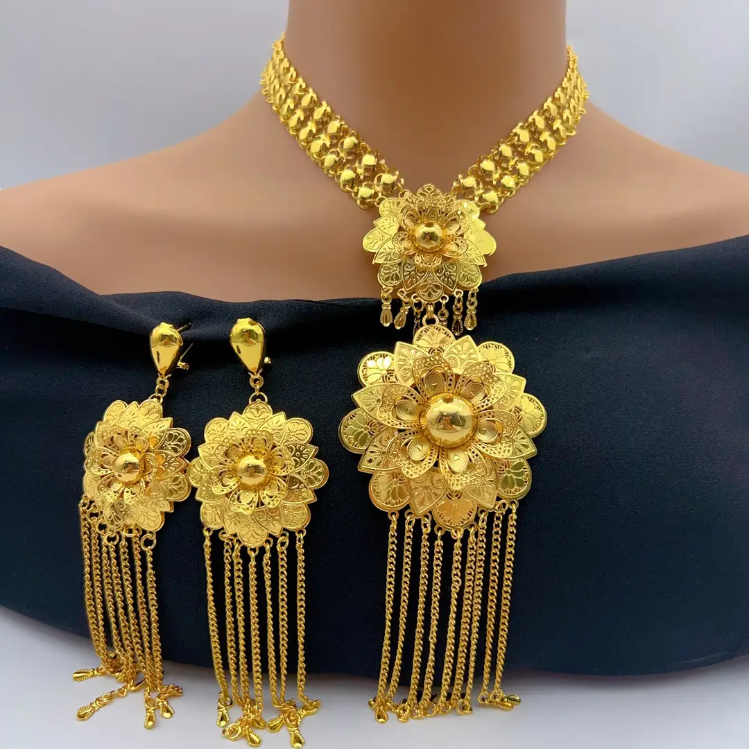 Middle Eastern Arabic Cross-Border 24K Gold-Plated Hollow Flower Earrings and Necklace Set Dubai Bride Wedding Jewelry — feature 22