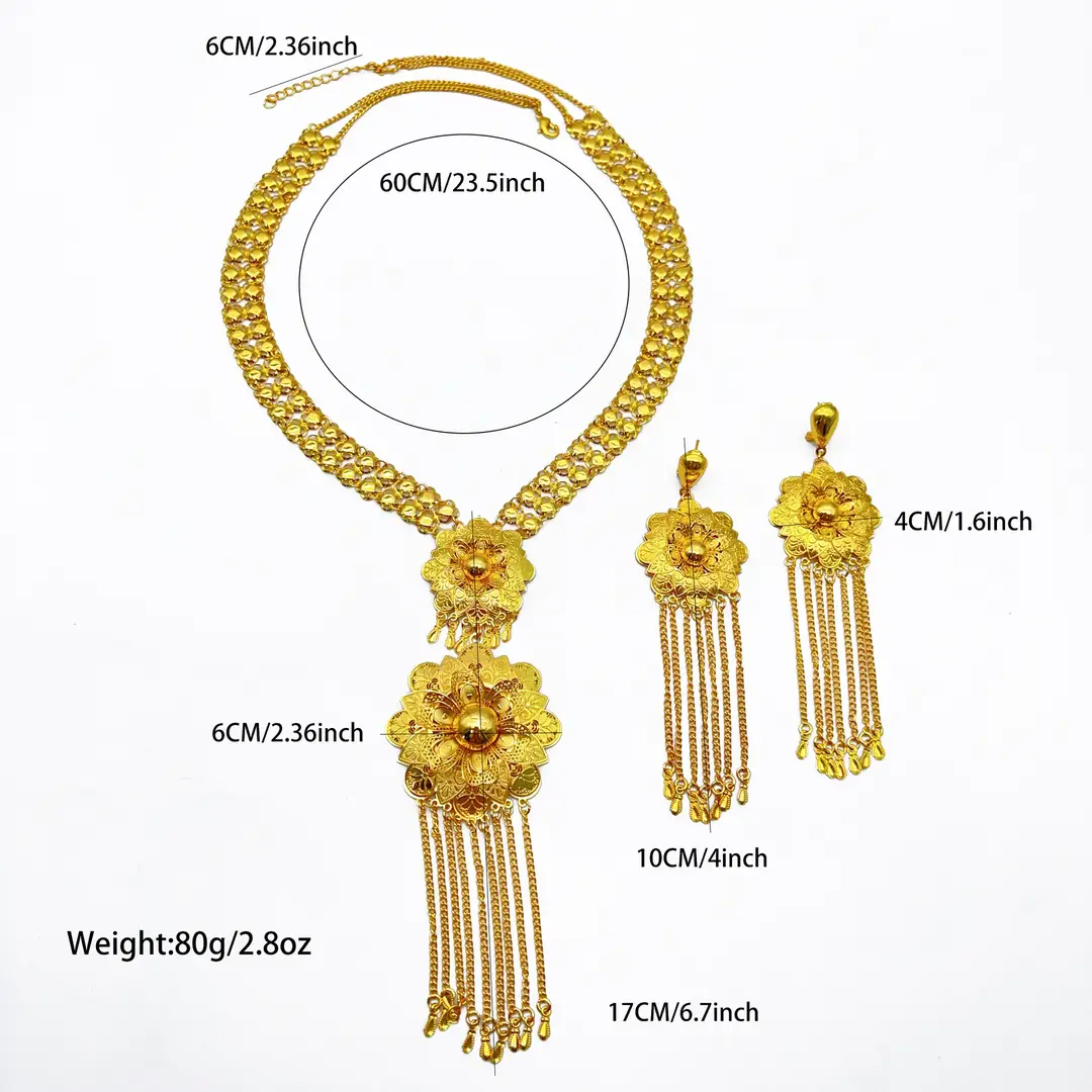 Middle Eastern Arabic Cross-Border 24K Gold-Plated Hollow Flower Earrings and Necklace Set Dubai Bride Wedding Jewelry — feature 23