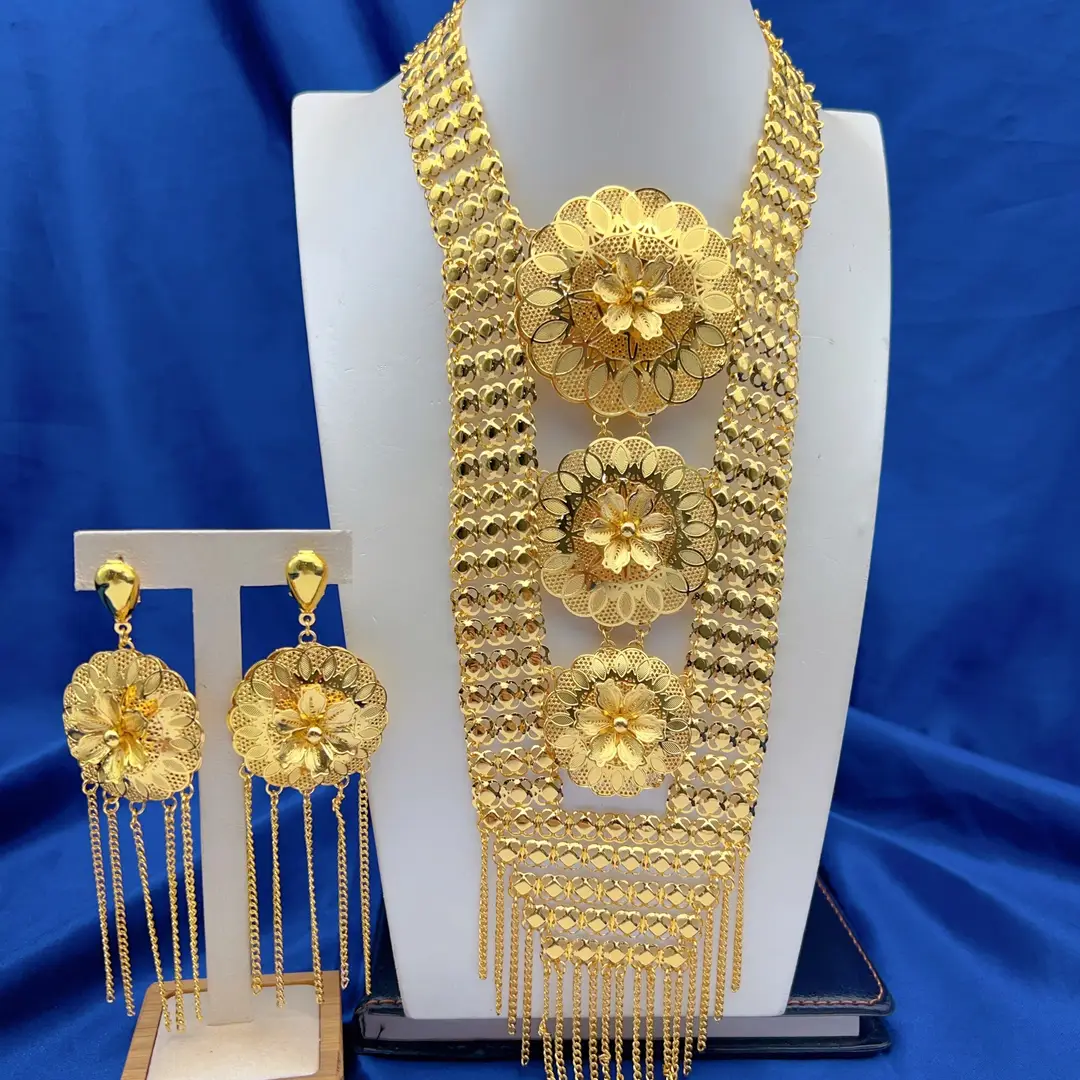 Middle Eastern Arabic Cross-Border 24K Gold-Plated Hollow Flower Earrings and Necklace Set Dubai Bride Wedding Jewelry — feature 28