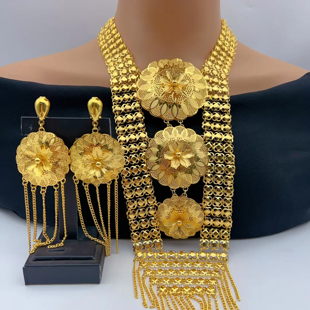 Middle Eastern Arabic Cross-Border 24K Gold-Plated Hollow Flower Earrings and Necklace Set Dubai Bride Wedding Jewelry — feature 29