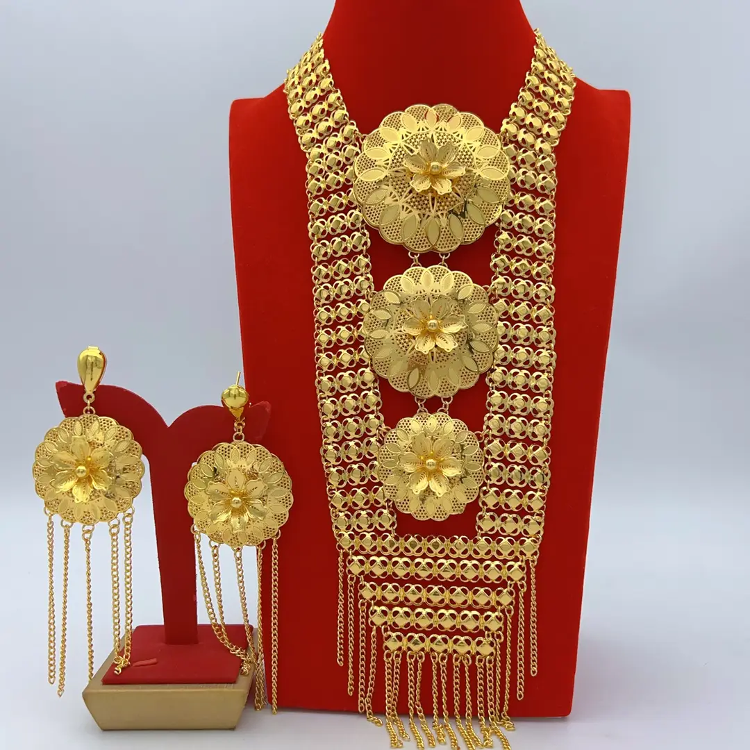 Middle Eastern Arabic Cross-Border 24K Gold-Plated Hollow Flower Earrings and Necklace Set Dubai Bride Wedding Jewelry — feature 30