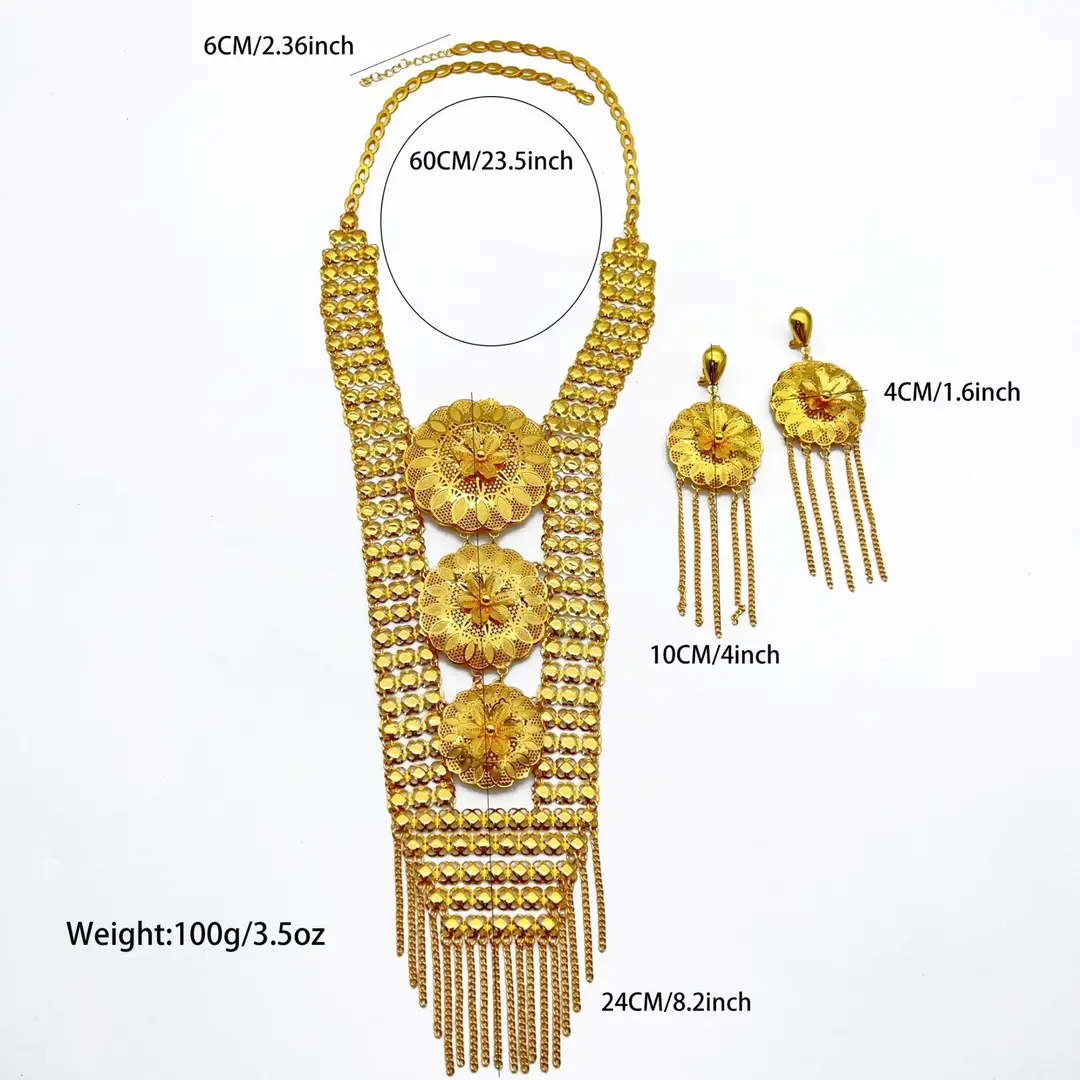 Middle Eastern Arabic Cross-Border 24K Gold-Plated Hollow Flower Earrings and Necklace Set Dubai Bride Wedding Jewelry — feature 31