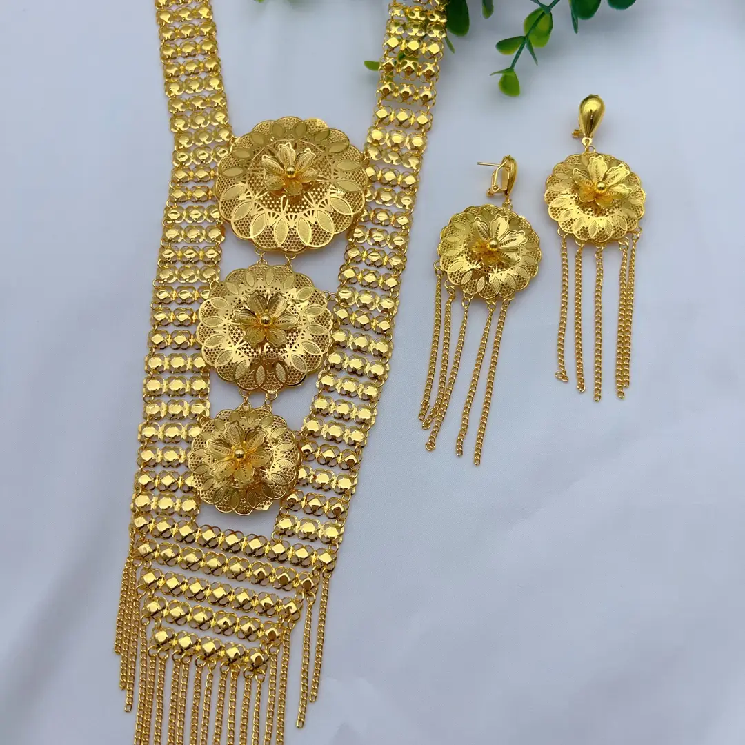 Middle Eastern Arabic Cross-Border 24K Gold-Plated Hollow Flower Earrings and Necklace Set Dubai Bride Wedding Jewelry — feature 32