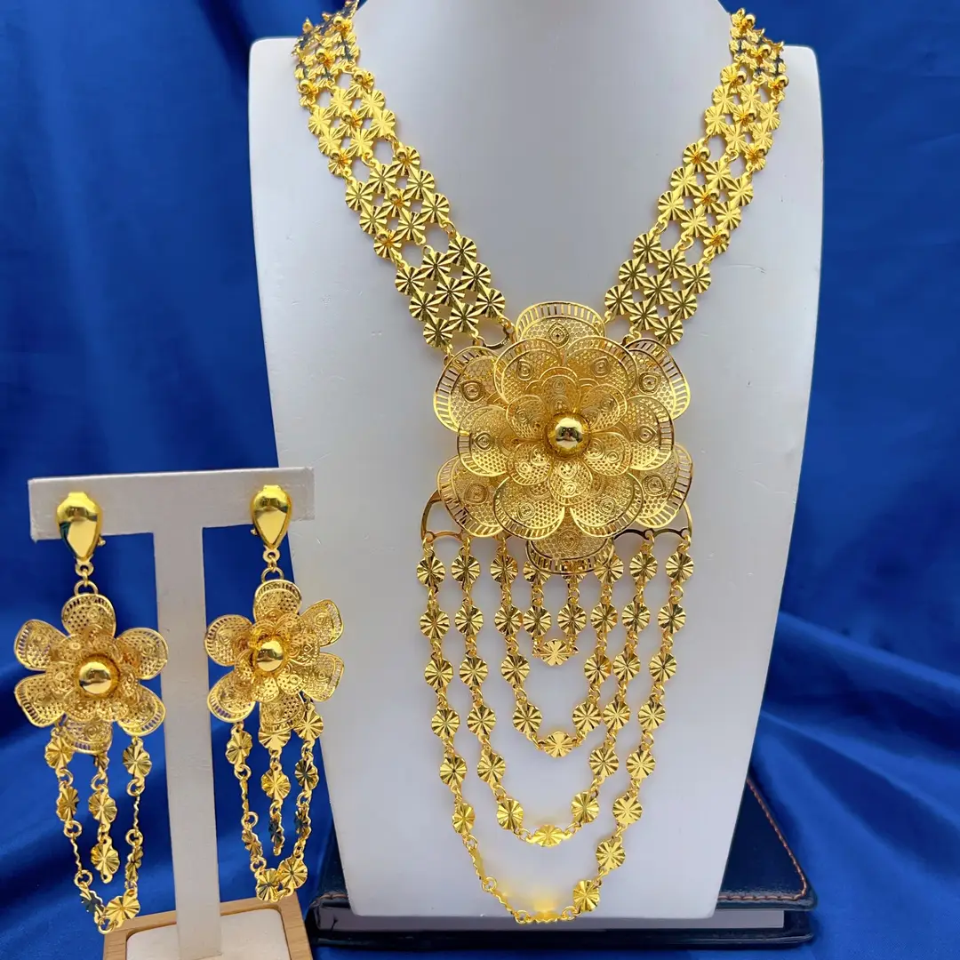 Middle Eastern Arabic Cross-Border 24K Gold-Plated Hollow Flower Earrings and Necklace Set Dubai Bride Wedding Jewelry — feature 4
