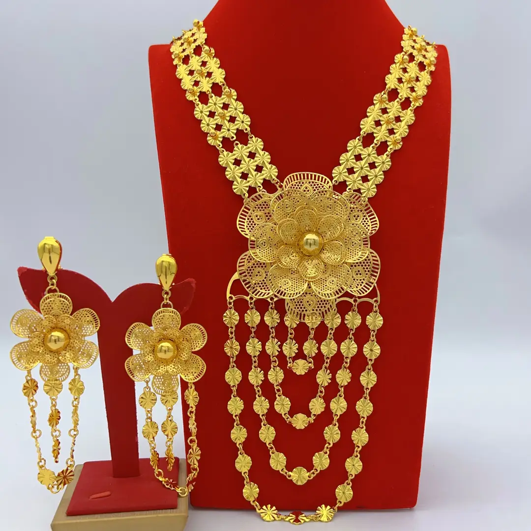 Middle Eastern Arabic Cross-Border 24K Gold-Plated Hollow Flower Earrings and Necklace Set Dubai Bride Wedding Jewelry — feature 5