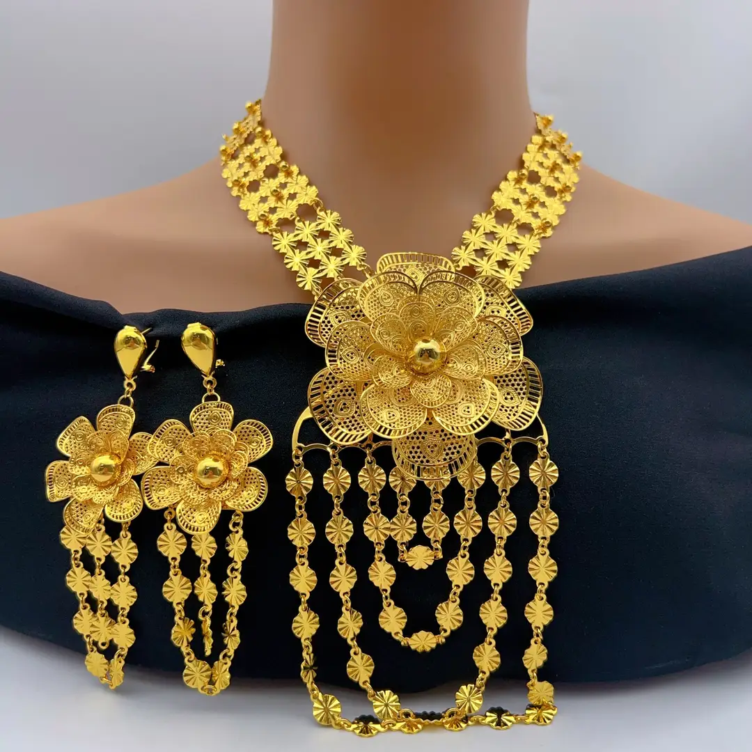 Middle Eastern Arabic Cross-Border 24K Gold-Plated Hollow Flower Earrings and Necklace Set Dubai Bride Wedding Jewelry — feature 6