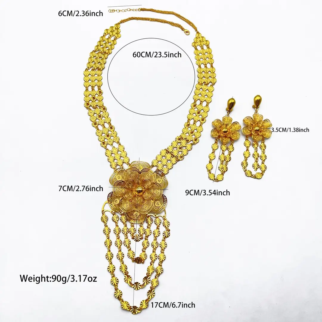 Middle Eastern Arabic Cross-Border 24K Gold-Plated Hollow Flower Earrings and Necklace Set Dubai Bride Wedding Jewelry — feature 7