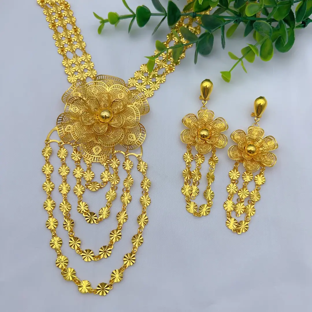 Middle Eastern Arabic Cross-Border 24K Gold-Plated Hollow Flower Earrings and Necklace Set Dubai Bride Wedding Jewelry — feature 8