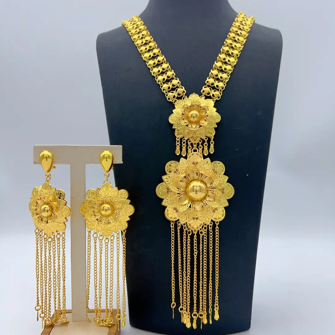 Middle Eastern Arabic Cross-Border 24K Gold-Plated Hollow Flower Earrings and Necklace Set Dubai Bride Wedding Jewelry
