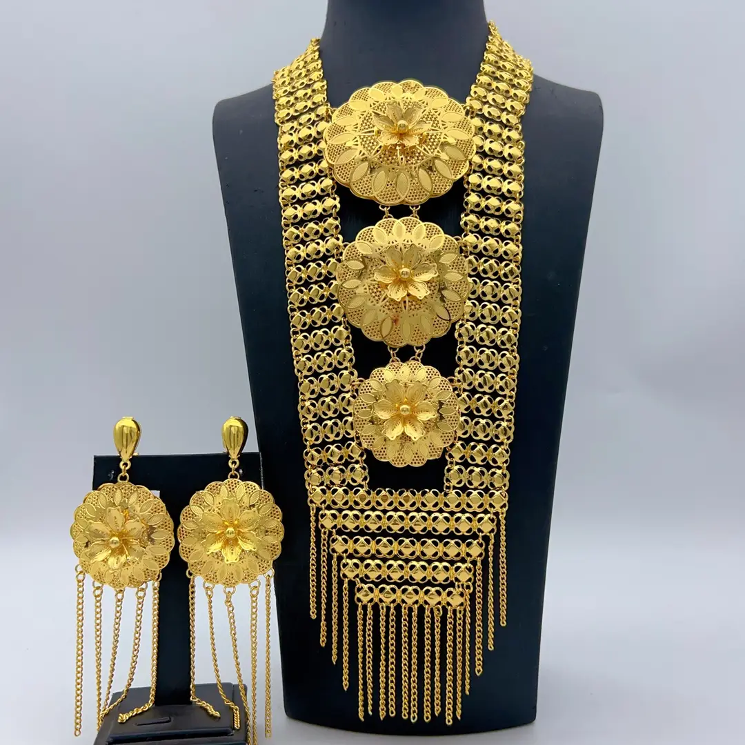 Middle Eastern Arabic Cross-Border 24K Gold-Plated Hollow Flower Earrings and Necklace Set Dubai Bride Wedding Jewelry