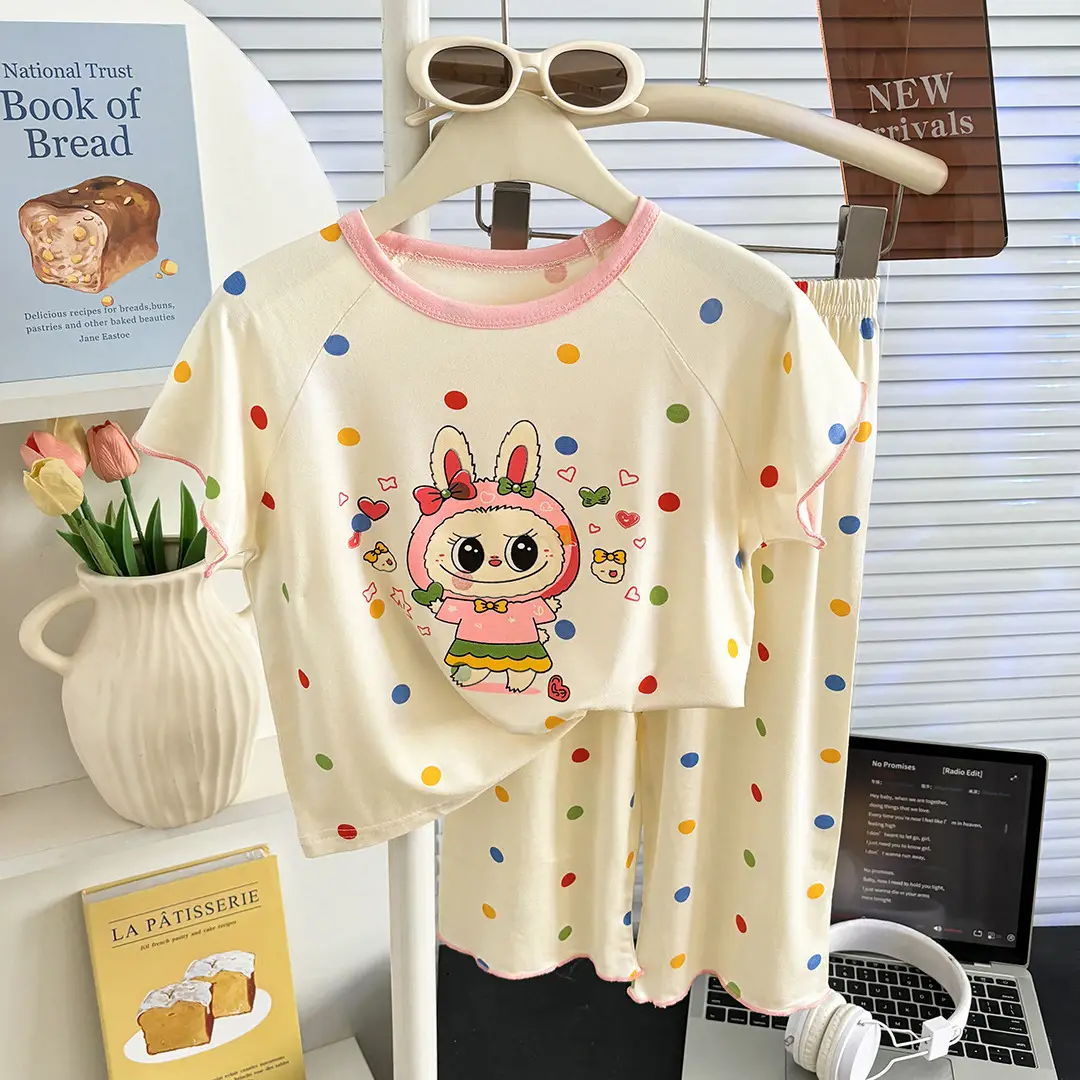 Modal Children's Pajamas Summer New Home Wear Set Girls' Short-Sleeve Three-Quarter Pants Air Conditioning Clothing Cartoon Soft