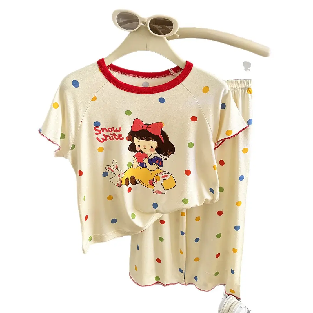 Modal Children's Pajamas Summer New Home Wear Set Girls' Short-Sleeve Three-Quarter Pants Air Conditioning Clothing Cartoon Soft