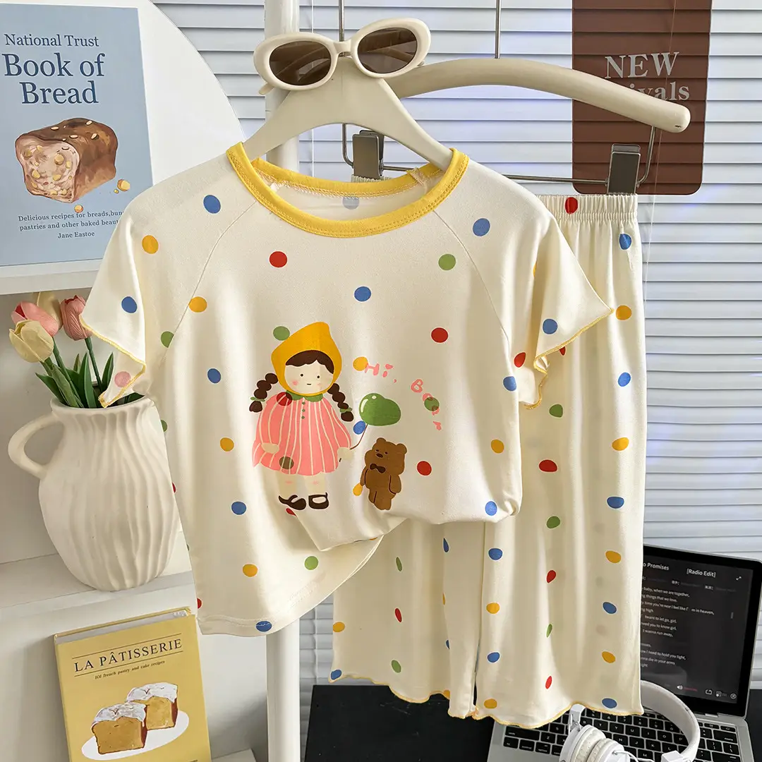 Modal Children's Pajamas Summer New Home Wear Set Girls' Short-Sleeve Three-Quarter Pants Air Conditioning Clothing Cartoon Soft
