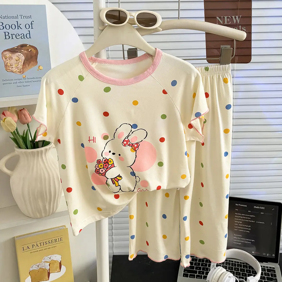 Modal Children's Pajamas Summer New Home Wear Set Girls' Short-Sleeve Three-Quarter Pants Air Conditioning Clothing Cartoon Soft