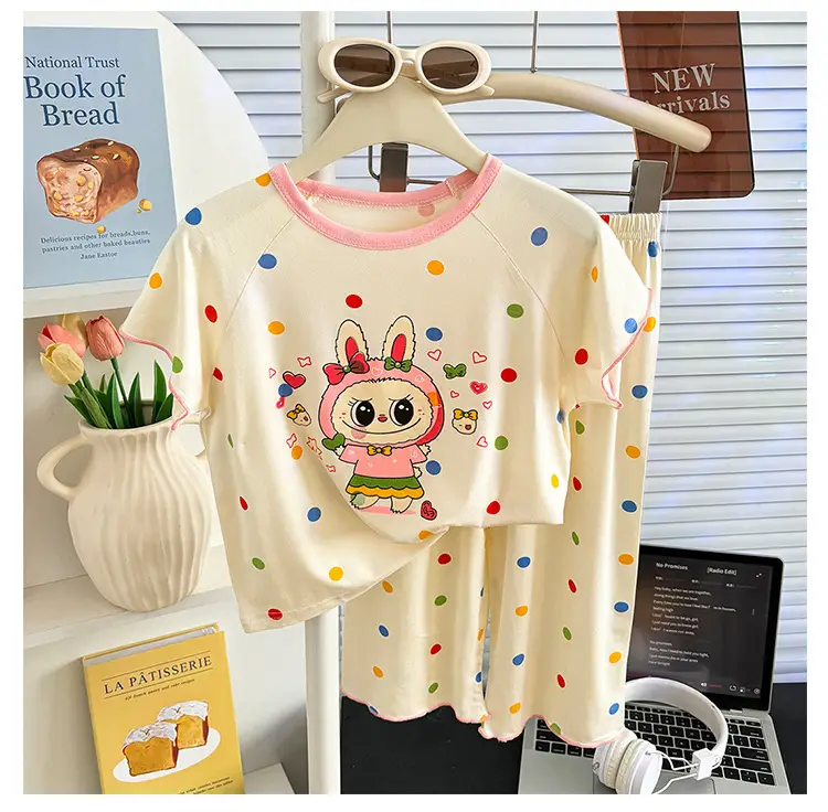 Modal Children's Pajamas Summer New Home Wear Set Girls' Short-Sleeve Three-Quarter Pants Air Conditioning Clothing Cartoon Soft