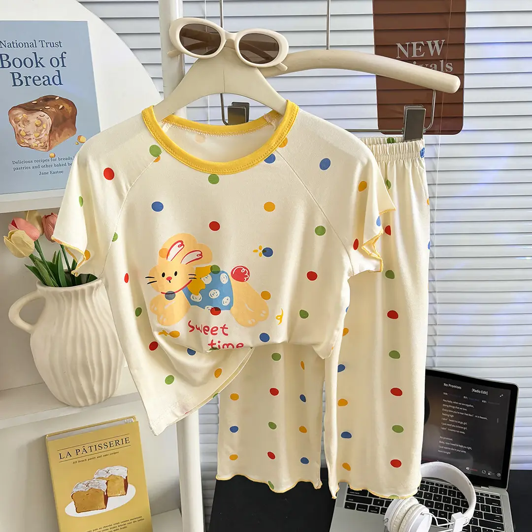 Modal Children's Pajamas Summer New Home Wear Set Girls' Short-Sleeve Three-Quarter Pants Air Conditioning Clothing Cartoon Soft