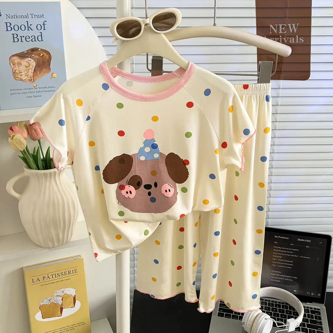 Modal Children's Pajamas Summer New Home Wear Set Girls' Short-Sleeve Three-Quarter Pants Air Conditioning Clothing Cartoon Soft