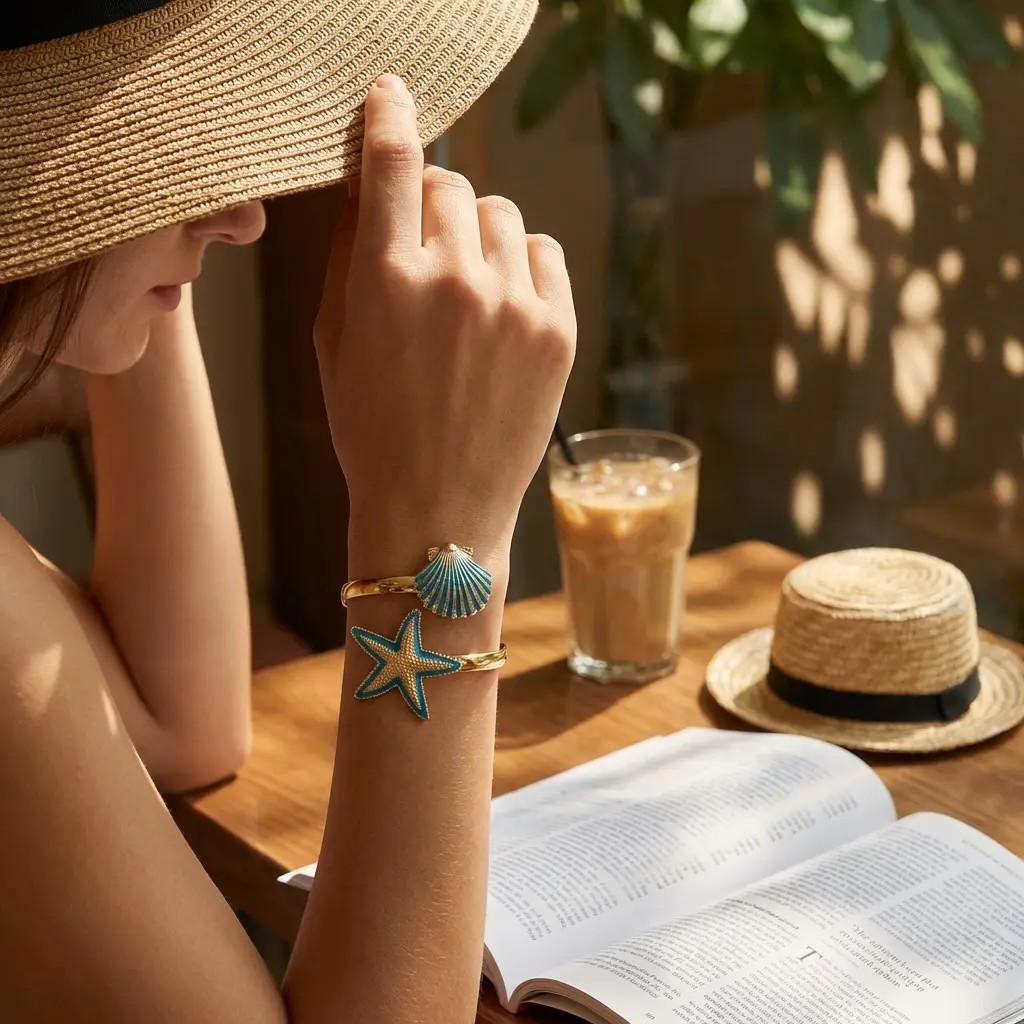 European and American Cross-Border Popular Starfish Shell Bracelet for Women, Summer Beach Vacation Style Open Arm Ring, Fashionable and Unique Accessory