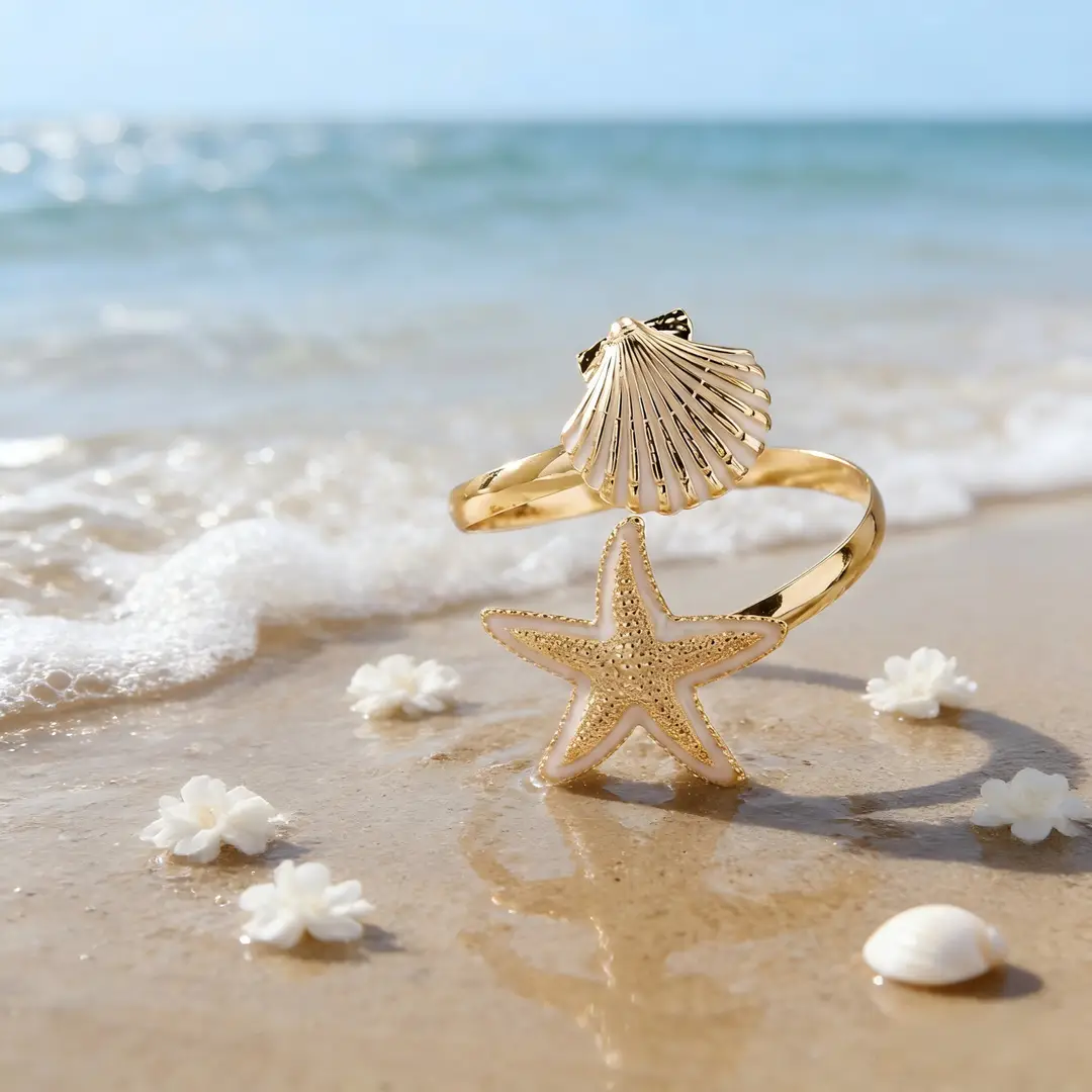 European and American Cross-Border Popular Starfish Shell Bracelet for Women, Summer Beach Vacation Style Open Arm Ring, Fashionable and Unique Accessory