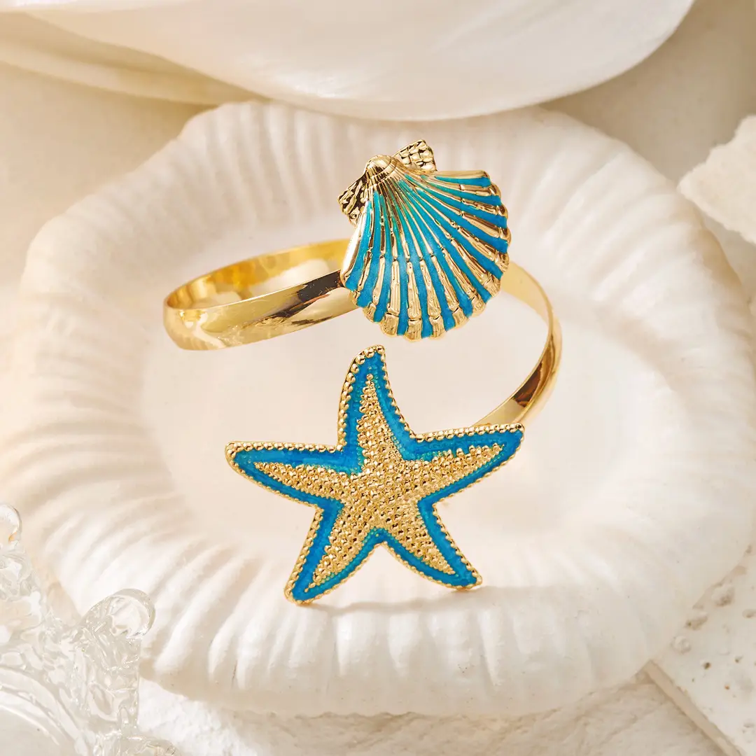 European and American Cross-Border Popular Starfish Shell Bracelet for Women, Summer Beach Vacation Style Open Arm Ring, Fashionable and Unique Accessory