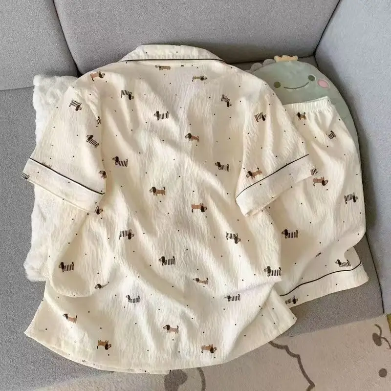 Korean Style Polka Dot Dachshund Puppy Pajamas for Women, Summer Black-Edged Short-Sleeved Shorts Set, Soft and Cute Princess Style Home Clothes