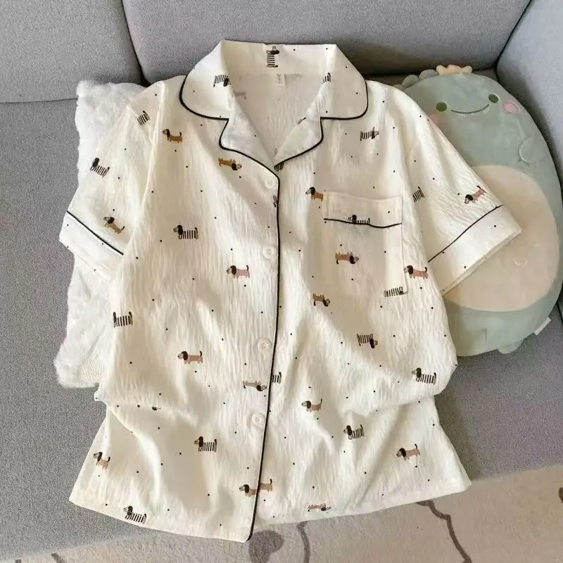 Korean Style Polka Dot Dachshund Puppy Pajamas for Women, Summer Black-Edged Short-Sleeved Shorts Set, Soft and Cute Princess Style Home Clothes
