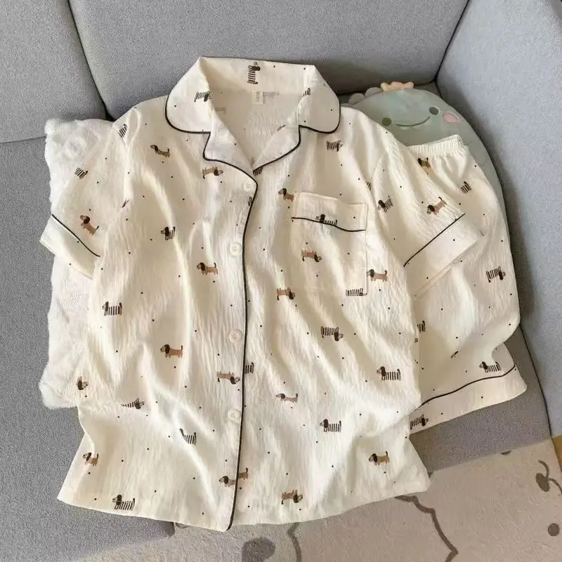 Korean Style Polka Dot Dachshund Puppy Pajamas for Women, Summer Black-Edged Short-Sleeved Shorts Set, Soft and Cute Princess Style Home Clothes
