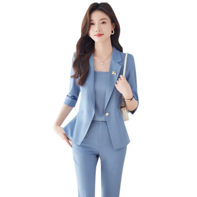 New Blue Suit Set with Pants, Hotel Front Desk Work Uniform, Elegant Professional Formal Suit Jacket, Cross-Border Wholesale