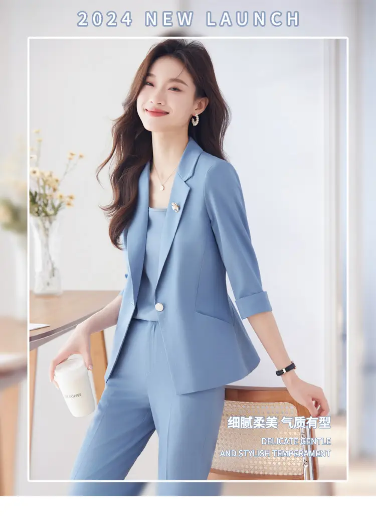 New Blue Suit Set with Pants, Hotel Front Desk Work Uniform, Elegant Professional Formal Suit Jacket, Cross-Border Wholesale — feature 1