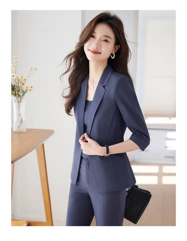 New Blue Suit Set with Pants, Hotel Front Desk Work Uniform, Elegant Professional Formal Suit Jacket, Cross-Border Wholesale — feature 13
