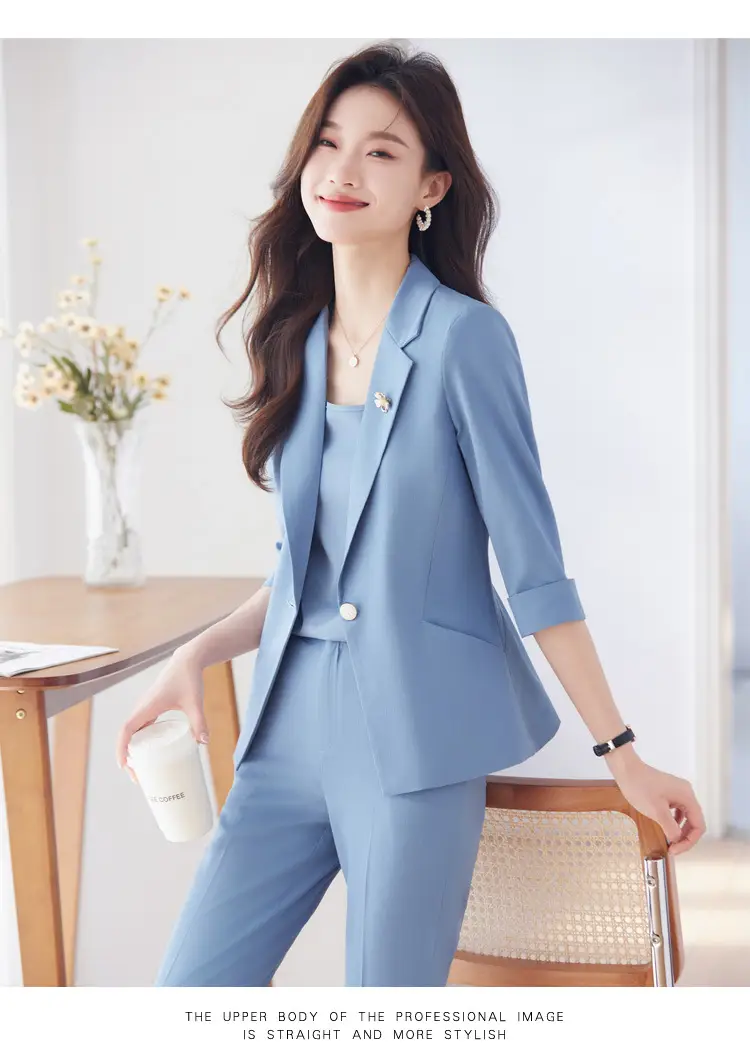 New Blue Suit Set with Pants, Hotel Front Desk Work Uniform, Elegant Professional Formal Suit Jacket, Cross-Border Wholesale — feature 16