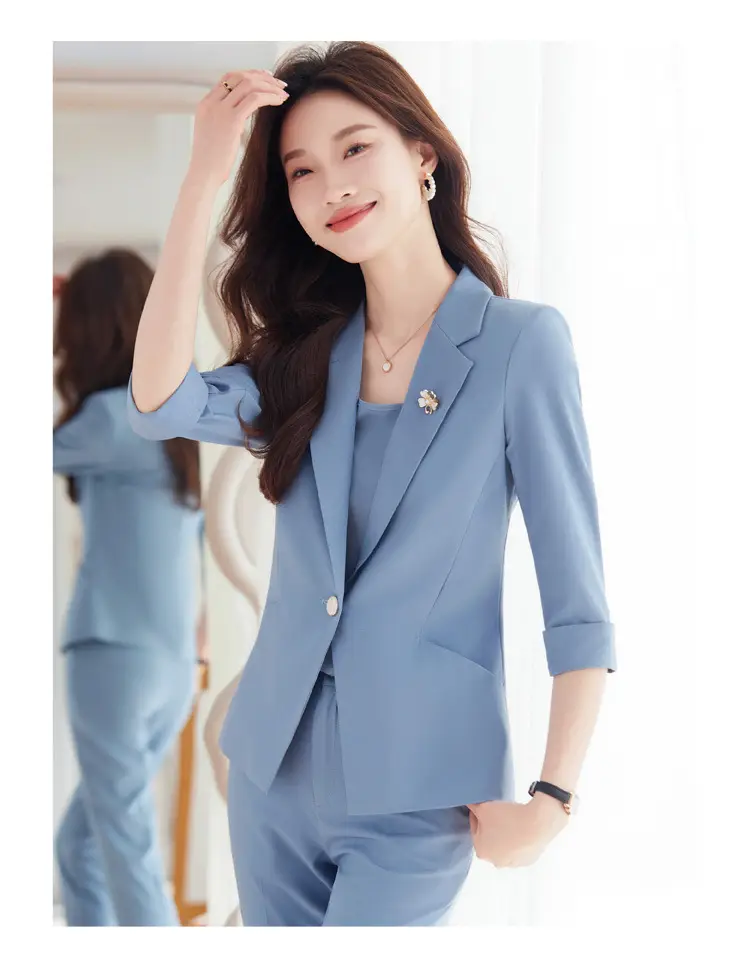 New Blue Suit Set with Pants, Hotel Front Desk Work Uniform, Elegant Professional Formal Suit Jacket, Cross-Border Wholesale — feature 17