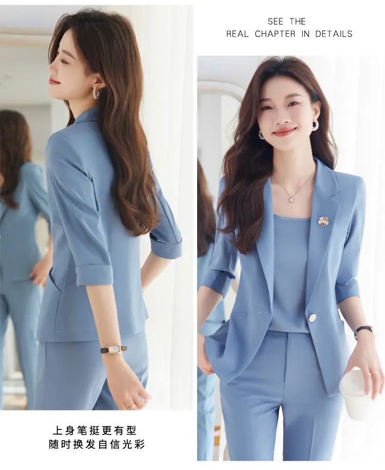 New Blue Suit Set with Pants, Hotel Front Desk Work Uniform, Elegant Professional Formal Suit Jacket, Cross-Border Wholesale — feature 18