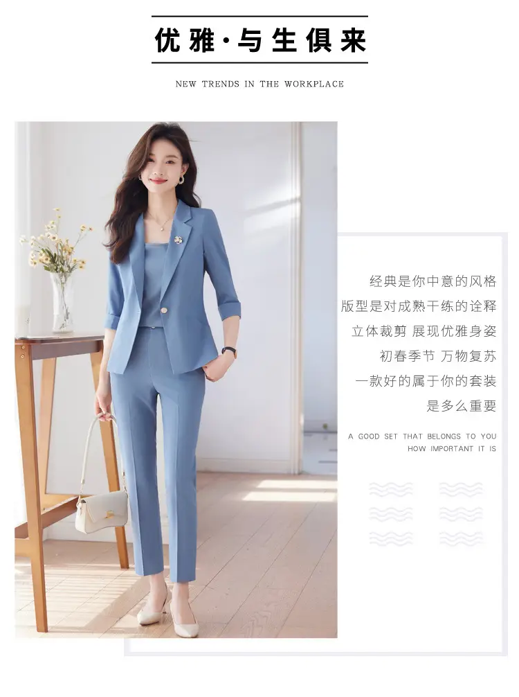 New Blue Suit Set with Pants, Hotel Front Desk Work Uniform, Elegant Professional Formal Suit Jacket, Cross-Border Wholesale — feature 2