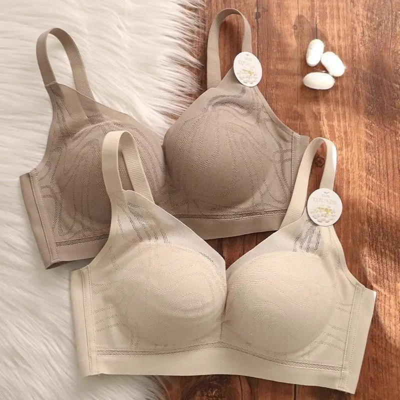 Mulberry Silk Summer Breathable Thin Comfortable Seamless Underwear for Women with Small Busts, Gathering and Supporting Side Breasts, Anti-Sagging Bra