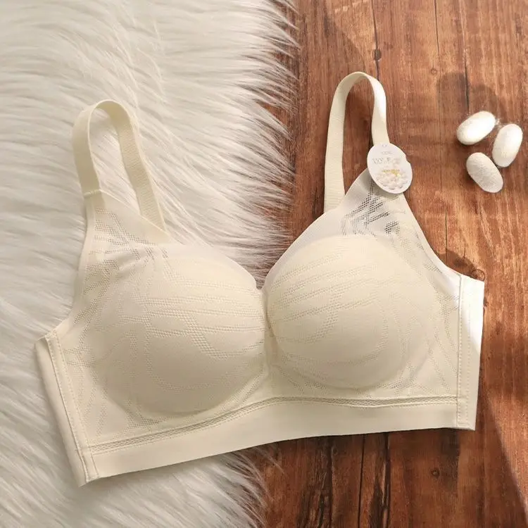 Mulberry Silk Summer Breathable Thin Comfortable Seamless Underwear for Women with Small Busts, Gathering and Supporting Side Breasts, Anti-Sagging Bra