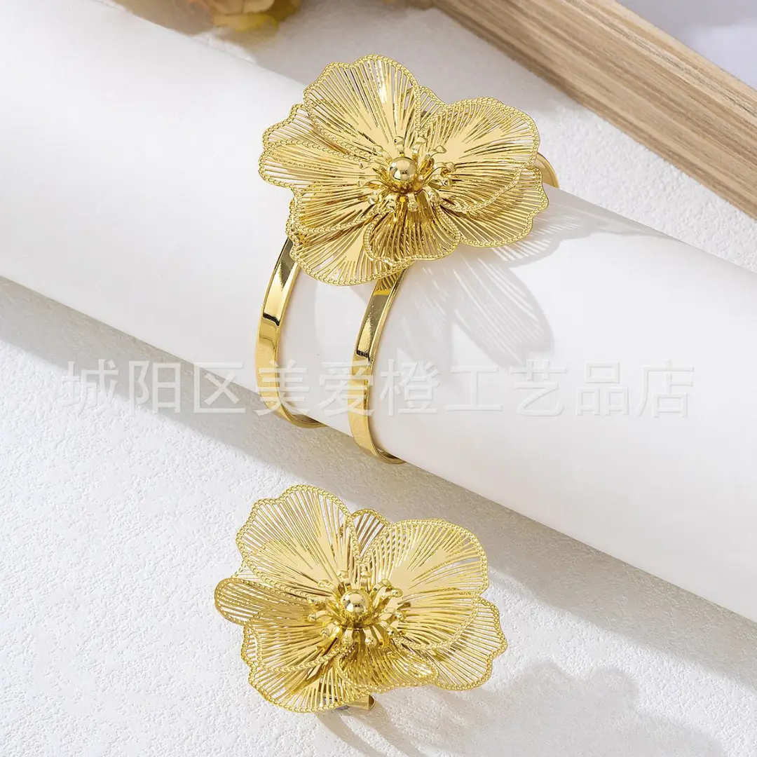 Cross-Border Women's Gold Flower Hollow-Out Open Bracelet, European and American Style Exaggerated Metal Arm Ring, Adjustable Fashion Accessory