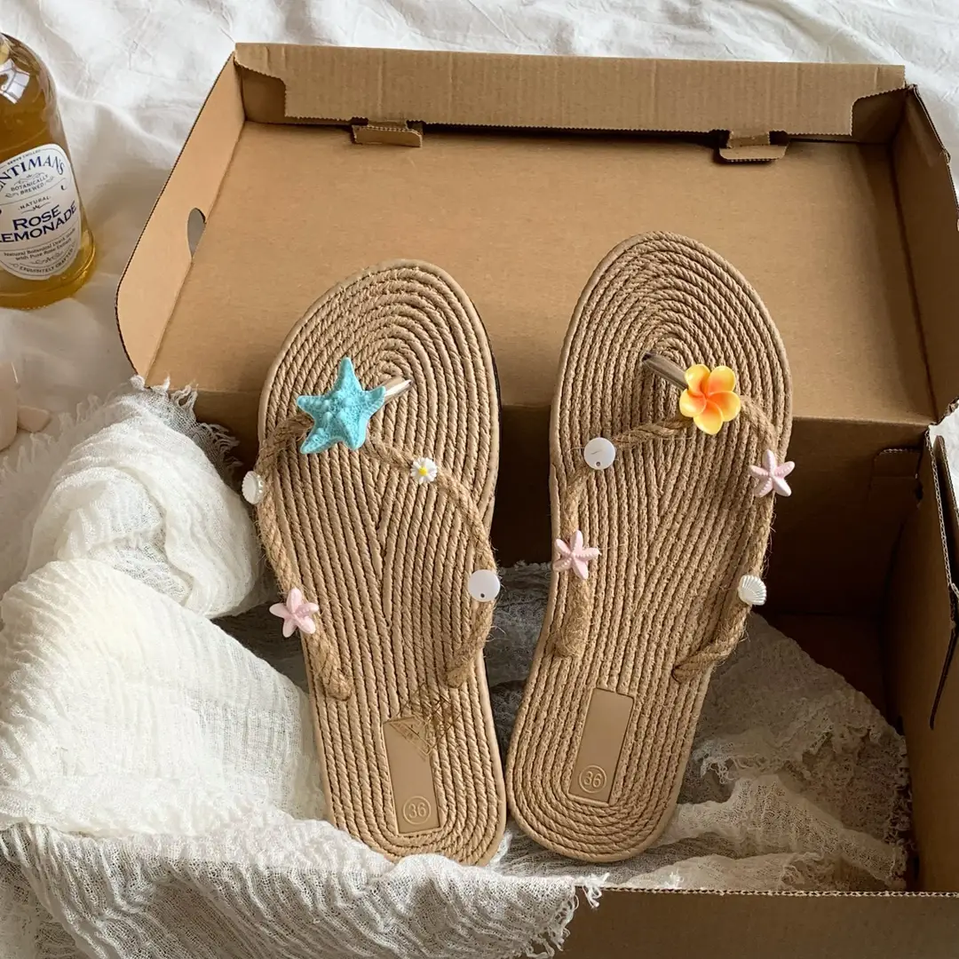 Xiaohongshu-Style Flip-Flops, Summer Seaside Vacation Style, Starfish Straw Beach Shoes, Flat Non-Slip Slippers, Sandals — feature 13