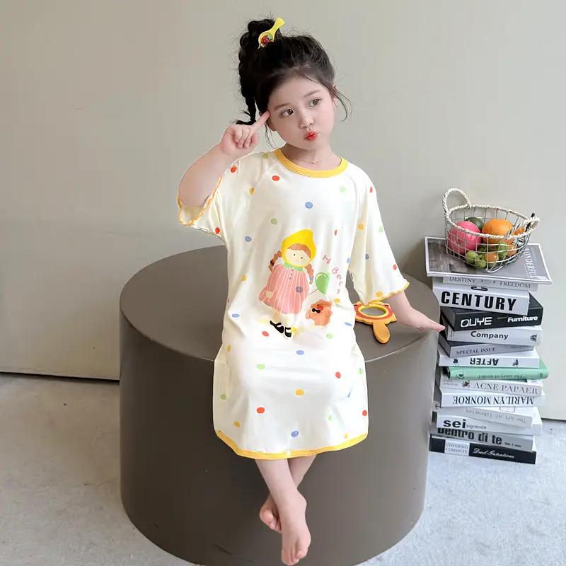 Girls' Modal Pajamas, Summer Thin Style, Short-Sleeved Sleep Dress for Baby Girls, One-Piece Home Wear, Cute New Sleep Dress