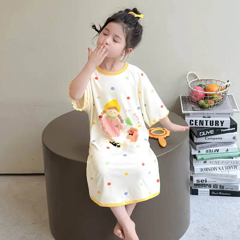 Girls' Modal Pajamas, Summer Thin Style, Short-Sleeved Sleep Dress for Baby Girls, One-Piece Home Wear, Cute New Sleep Dress